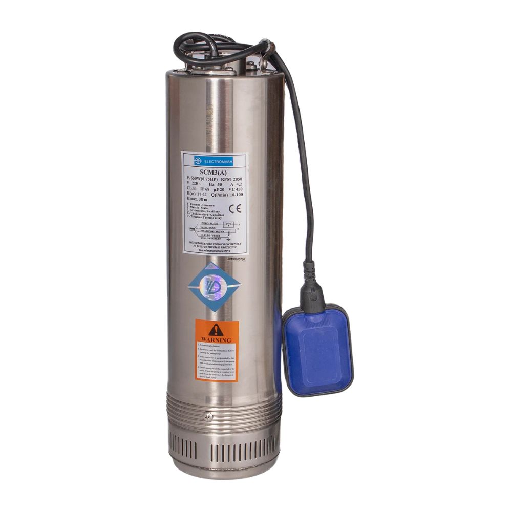 Uppopumppu ulkoisella uimurilla Electromash SCM 3 PVC -juoksupyörä, teho 0,55 kW, nostokorkeus 30 m, virtaus 9000 l/h, sopii kaivoihin ja muihin sovelluksiin | Uppopumppu | Vesipumppu |