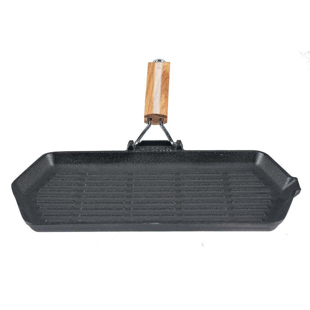 Valurautainen grillipannu taitettavalla puukahvalla, 35x21 cm |  |  |