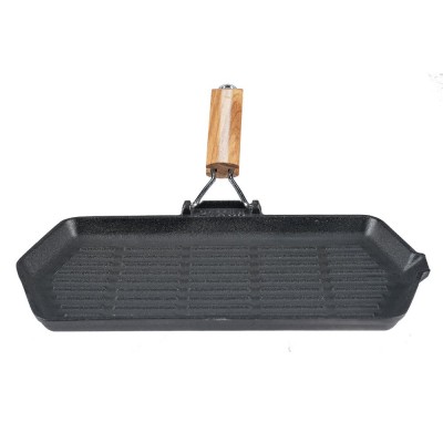 Valurautainen grillipannu taitettavalla puukahvalla, 35x21 cm - Valurautainen grillipannu