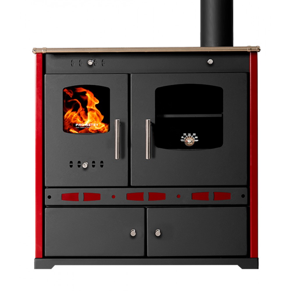 Puuhella Prometey Perfect Eco Lux oikealla savuhormilla, viininpunainen, 7.5kW |  |  |