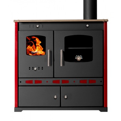 Puuhella Prometey Perfect Eco Lux oikealla savuhormilla, viininpunainen, 7.5kW - Puuhellat