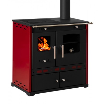 Puuhella Prometey Perfect Eco Lux oikealla savuhormilla, viininpunainen, 7.5kW - Puuhellat