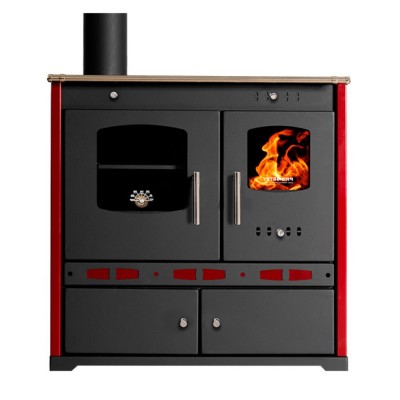 Puuhella Prometey Perfect Eco Lux vasemmalla savuhormilla, viininpunainen, 7.5kW - Puuhellat