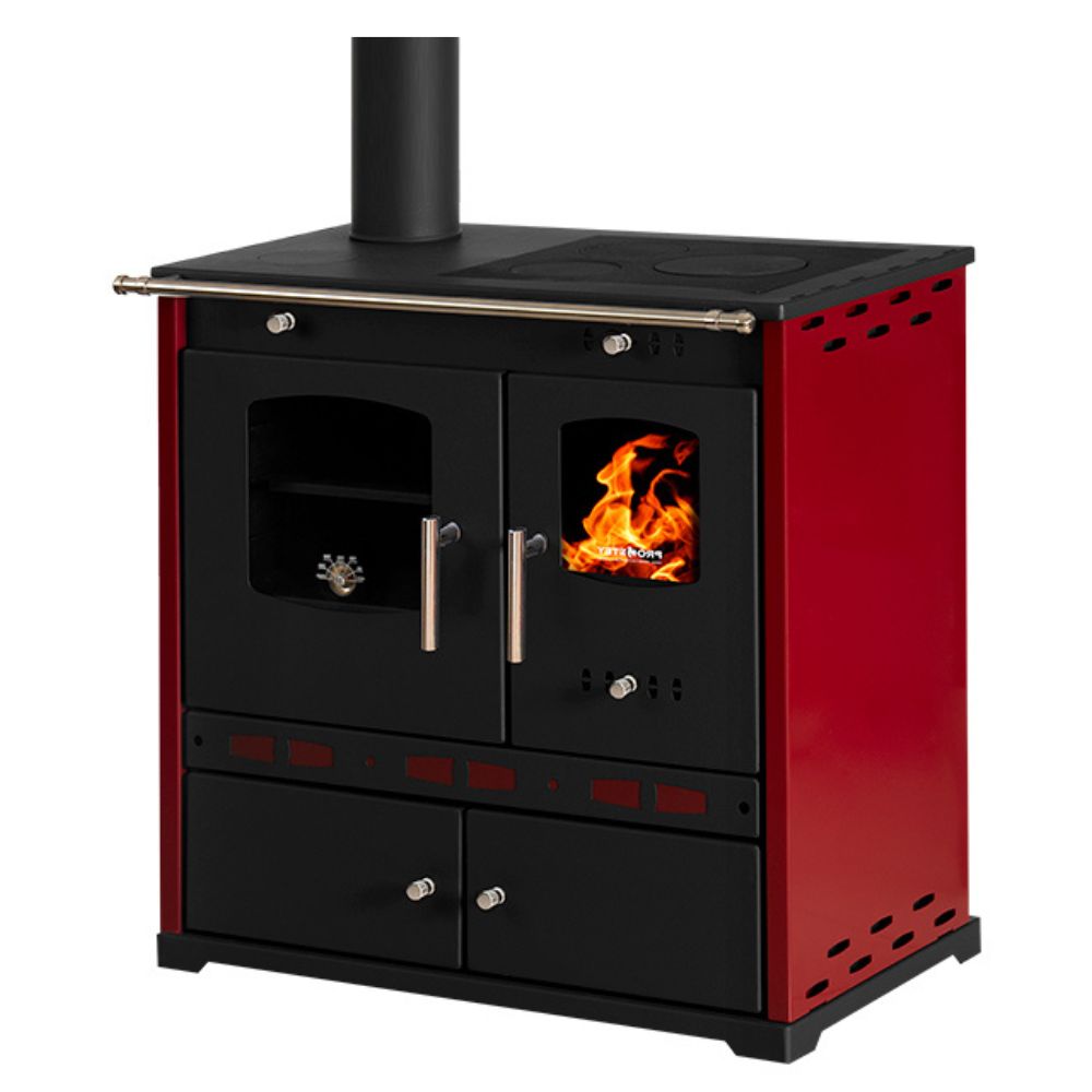 Puuhella Prometey Perfect Eco Lux vasemmalla savuhormilla, viininpunainen, 7.5kW |  |  |