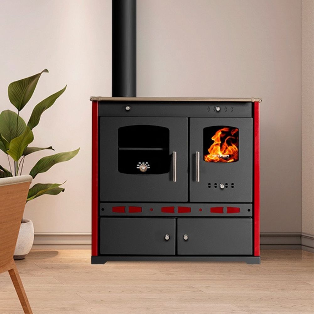 Puuhella Prometey Perfect Eco Lux vasemmalla savuhormilla, viininpunainen, 7.5kW |  |  |