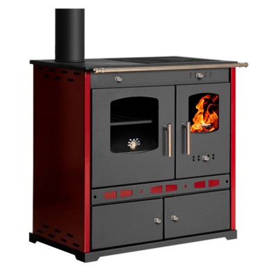 Puuhella Prometey Perfect Eco Lux vasemmalla savuhormilla, viininpunainen, 7.5kW - Puuhellat
