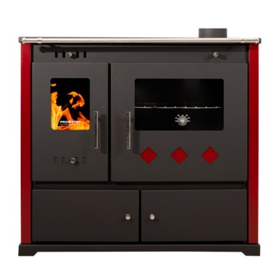 Puuhella Prometey Perfect Practik Lux oikealla savuhormilla, viininpunainen, 9.5kW - Puuhellat