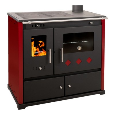 Puuhella Prometey Perfect Practik Lux oikealla savuhormilla, viininpunainen, 9.5kW - Puuhellat