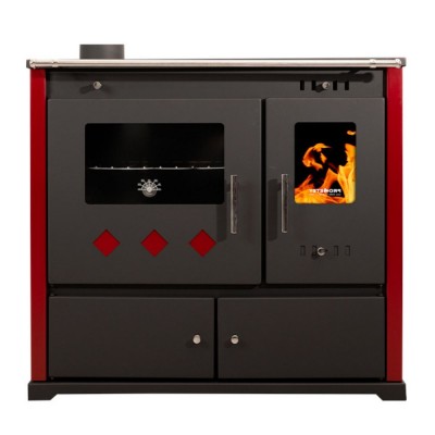 Puuhella Prometey Perfect Practik Lux vasemmalla savuhormilla, viininpunainen, 9.5kW - Puuhellat
