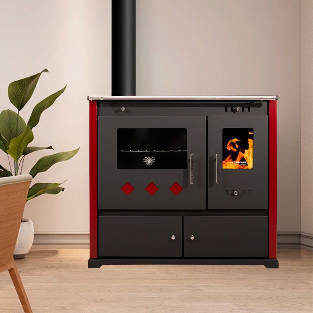Puuhella Prometey Perfect Practik Lux vasemmalla savuhormilla, viininpunainen, 9.5kW | Puuhellat |  |