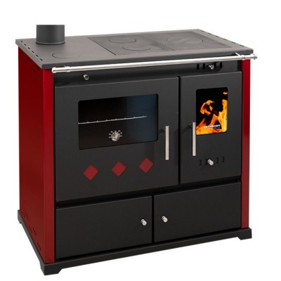 Puuhella Prometey Perfect Practik Lux vasemmalla savuhormilla, viininpunainen, 9.5kW - Puuhellat